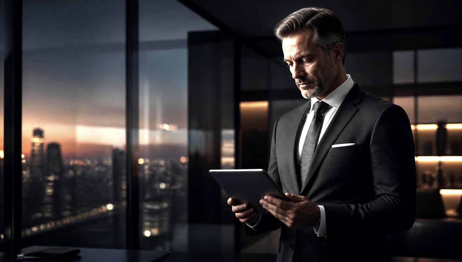 Empresário de terno analisando indicadores em um tablet